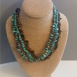 BOHO Statement Turquoise Tiger Eye Triple Strand Necklace 18 Inches
